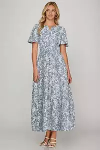 She + Sky Printed Notched Woven Tiered Pintuck Maxi Dress with Side Pockets - Picture 1 of 10