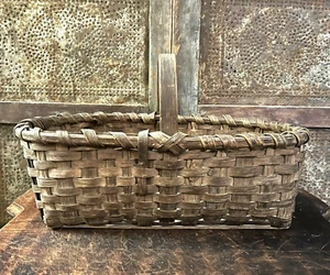 ANTICO antico cesto raccolta casale primitivo legno rovere spaccato BELLA PATINA AAFA - Foto 1 di 10