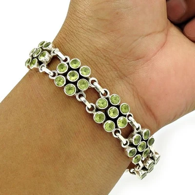Solid 925 Sterling Silver Natural Peridot Gemstone Statement Bracelet Jewelry - Image 1 of 4
