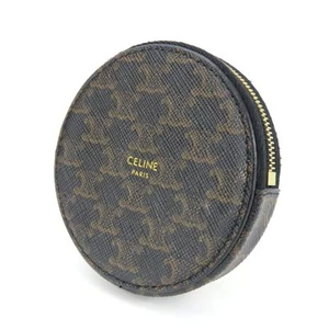 Celine Authentic Coin Case Triomphe Black Brown Round 8.5cm PVC Leather With Box - Picture 1 of 9