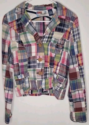 Jaqueta Roxy Paradise Blazer Madras Xadrez Patchwork Botões Surf Feminina Tamanho Grande - Imagem 1 de 4