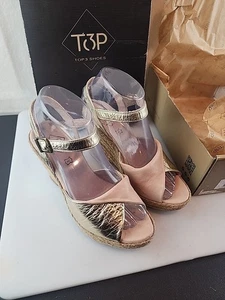 T3P TOP 3 Damen-Sandalen Jute Keilabsatz Fersenriemen goldfarben 6,5 - Bild 1 von 10