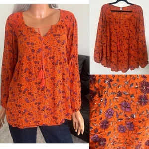 Old Navy Women’s Floral Peasant Blouse 2X Orange Purple Boho Cottage Praire XXL - Picture 1 of 11