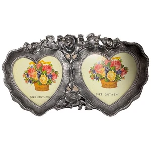 Vintage Pewter Double Heart Mini Photo Picture Frame with Roses Victorian - Picture 1 of 5