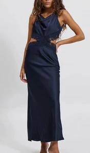NEW TIGERMIST NAVY BLUE COWL NECK SILKY SATIN LACE MAXI DRESS 6 8 10 12 14 - Picture 1 of 5