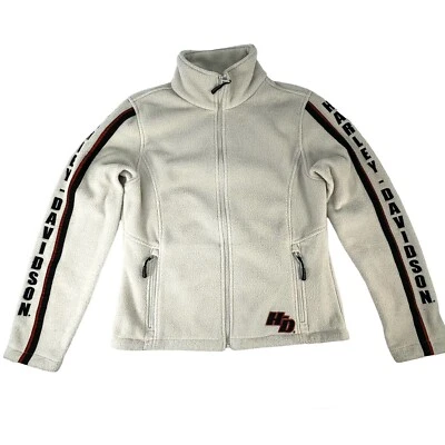 Chaqueta polar Harley Davidson pequeña con cremallera completa para mujer crema con manga deletreada Foto 1 de 4