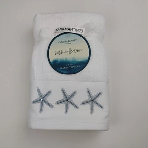 2 Cynthia Rowley Hand Towels Starfish Coastal Beach Beaded Embroidered White - Picture 1 of 6