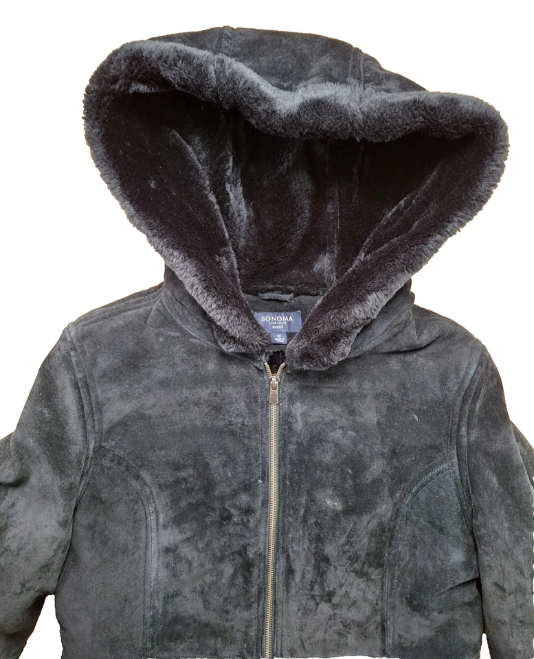 Sonoma 100% Leather Suede Coat Black Womens MEDIUM Hooded Faux Fur Trim Lined - Image 1 of 4