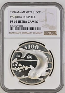1992 Mo Mexico Silver 100 Pesos Laquita Porpoise NGC PF66 Ultra Cameo - Picture 1 of 2