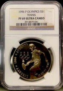 1996-P OLYMPICS TENNIS Silver Dollar NGC PF69💥EXCELLENT QUALITY💥 - Picture 1 of 4