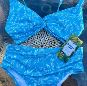 Women's High-Waisted Twist Front Bikini Set – Tropical Ocean Blue Print Swimsuit - Picture 1 of 10