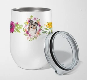Australian Shepherd Pink Flowers Stainless Steel 12 oz Wine Glass CK4267TBL12 - Picture 1 of 4
