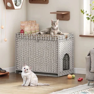 24" Enclosure Cabinet with Hidden Cat Litter Box Litter Mat Rattan Pet Cat House - Picture 1 of 20