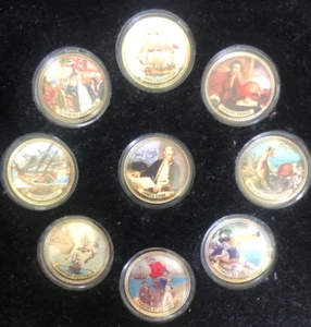 AUSTRALIAN HISTORY 9 GOLD PLATED COIN COLLECTION SET ENAMEL-COLOURED PENNIES - Picture 1 of 6