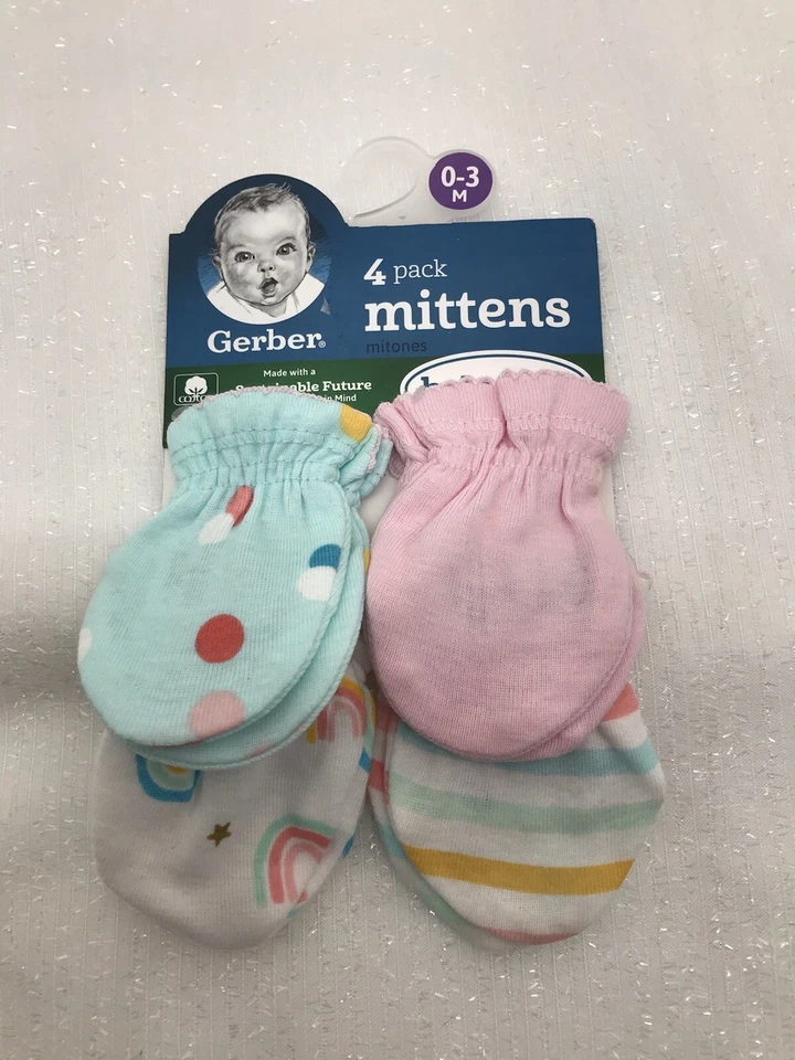 Gerber 4 Pack Baby Girl Scratch Mittens Gloves 0-3 Months Pink Dots Stripes