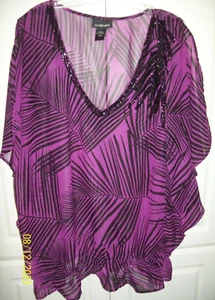 Lane Bryant Purple Black Sheer Beaded Elastic Waist Blouse Slit Sleeve Sz 18/20 - Picture 1 of 2