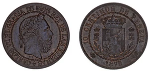 10 Copper Cents / 10 Cents Copper. Carlos VII. Brussels 1875. XF+ / XF+ - Picture 1 of 1