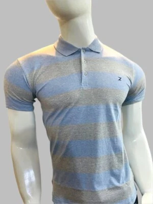 Camiseta polo para hombre a rayas informal manga corta calce ajustado algodón azul gris Foto 1 de 2