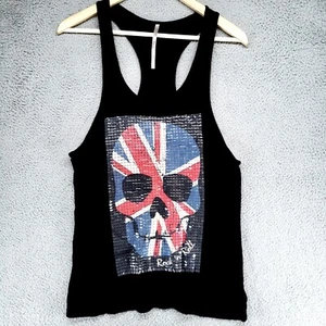 Women’s Tank Top Size S Black British Flag Skull Rock ‘n’ Roll Racerback Sequins - Picture 1 of 14