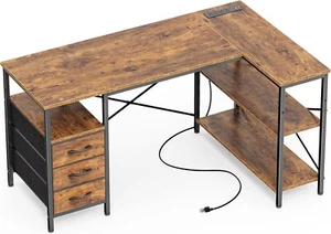 Office Desk (L Shaped) - 47" Gaming Desk w/Power 3 Drawers & Shelves Brown - Picture 1 of 8