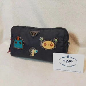 PRADA Tessuto Pouch Robot Makeup Pouch Black Nylon Logo Used Excellent+ Japan - Picture 1 of 17