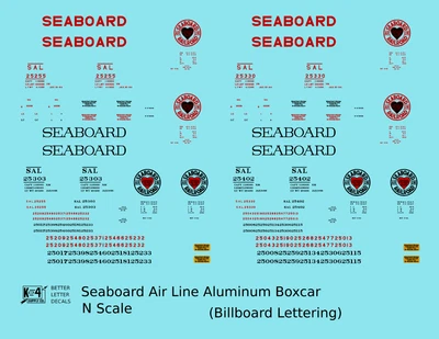 Наклейки в масштабе N Seaboard Air Line алюминиевые 40 футов крытый вагон поздняя схема - Изображение 1 из 3