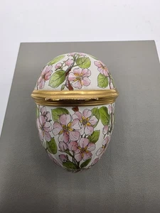 Vintage Halcyon Days Enamel Cherry Blossom Egg Shaped Trinket Box - Picture 1 of 8