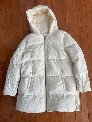 Abrigo acolchado con capucha Eileen Fisher cremallera frontal M marfil crema cálido ligero Foto 1 de 4