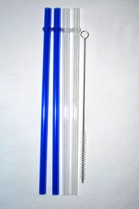 4 Blue Clear Reusable Replacement Straws Acrylic Ring 9" BPA Free+Cleaning Brush - Picture 1 of 2