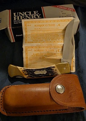 Schrade + USA LB8 Uncle Henry Staglon Papa Bear Lockback Knife & Pouch in Box - Image 1 of 4