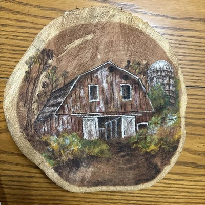Wood burning of barn on Piece Of Wood  9x9” Diameter And 2” thick - Image 1 of 2