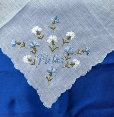 Pañuelo vintage para damas Hankie Hanky azul blanco flores madre borde azul Foto 1 de 2