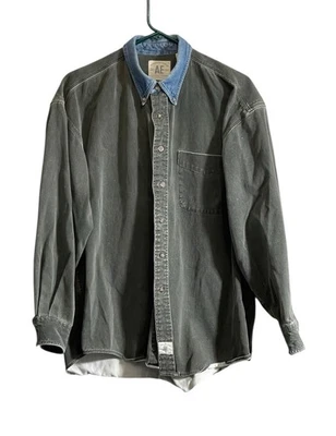 American Eagle Shacket Camisa Grande Chaqueta Botón Gris Lavado Cuello Azul Años 90 Foto 1 de 4