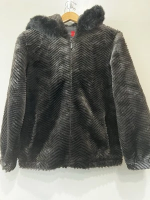 Gallery 棕色雪佛龙图案外套连帽衫暴徒妻子黑色人造毛皮 尺寸 中号 — 第 1/4 张图片