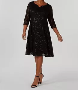 SLNY Women's Black 3/4-Sleeve Sequin Lace A-Line Midi Dress Plus Size 22W - Picture 1 of 2