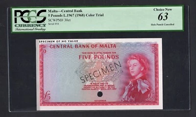 Malta  5 Pounds 1967(ND 1968) P30cts Color Trial Specimen Uncirculated Grade 63 - Image 1 of 2