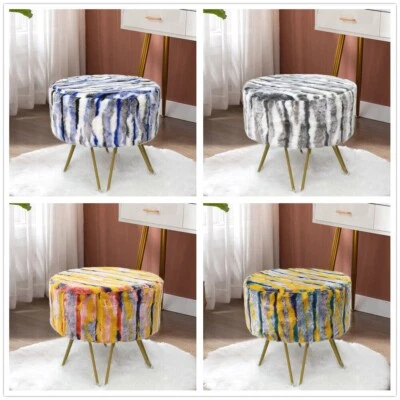Luxury Plush Multi Jacquard Faux Fur Ottoman Round Foot Rest Stool for Bedroom - Image 1 of 4