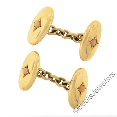 Gemelos antiguos victorianos ovalados hinchados pulidos coral piel de ángel oro 15k Foto 1 de 4