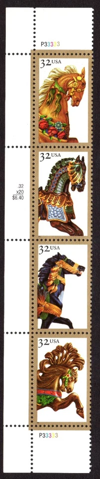 Scott #2979a (2976-2979) Carousel Horses Plate Strip of 4 Stamps - MNH Left - Image 1 of 1