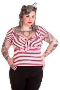 HELL BUNNY DOLLY TOP Nautical Stripes Wide V Neck Sailor Top  - Picture 1 of 3