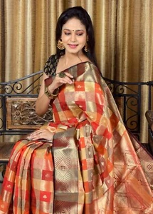 Banarasi Vastra Chanderi Silk Gharchola Pattern Zari Woven Saree Rusty Red Saree - Picture 1 of 5