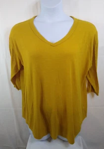TERRA & SKY Plus Size 1X Yellow Tunic 3/4 Sleeve V-Neck Ribbed Knit Comfort - Picture 1 of 9