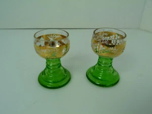 Lot 2 Vintage German Beehive Stem Gold Green Goblets 2 7/8 inches Shot Glasses - Picture 1 of 7
