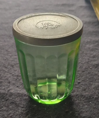Vintage Hazel Atlas Green Uranium Vaseline Glass Jelly Jar with Metal Lid - Image 1 of 4