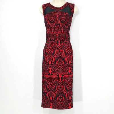 Vestido Beige/ECI Talla 10 Negro Flocado Terciopelo/Rojo Malla Recortes Caprichoso Gótico Foto 1 de 4