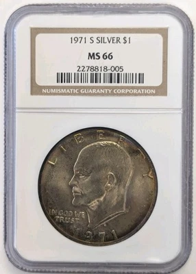  1971-S Eisenhower Silver Dollar  NGC MS66 #Z335.  Nice Toning Scratches On Case - Image 1 of 3
