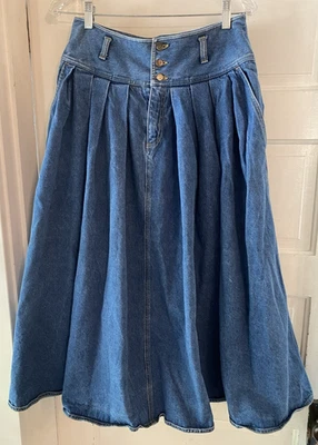 VTG Liz Wear Blue Denim Yoked Midi Circle Flare Skirt Pockets BOHO 12 Claiborne - Image 1 of 4