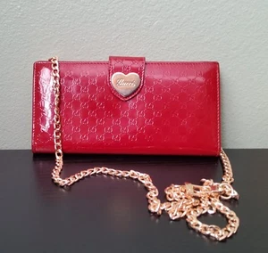 GUCCI GUCCISSMA Wine Patent Leather Continental Bifold Wallet Gold Heart Lock - Picture 1 of 11