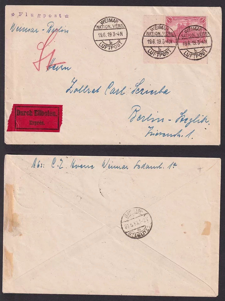 11809 Flugpost Brief Weimar Nationalversammlung Luftpost 19.6.1919 n. Berlin - Bild 1 von 1