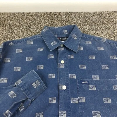 Vintage GUESS Shirt Denim AOP American Flags Blue Button Up Mens Medium USA Made - Image 1 of 4